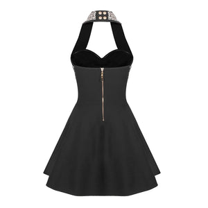 Elegant Beaded Halter Neck Sleeveless Black Mini Dress with Button Details