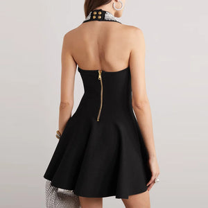 Elegant Beaded Halter Neck Sleeveless Black Mini Dress with Button Details