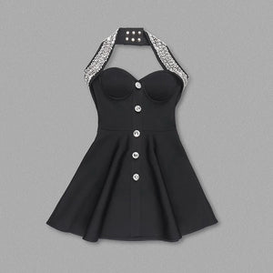 Elegant Beaded Halter Neck Sleeveless Black Mini Dress with Button Details