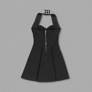 Elegant Beaded Halter Neck Sleeveless Black Mini Dress with Button Details