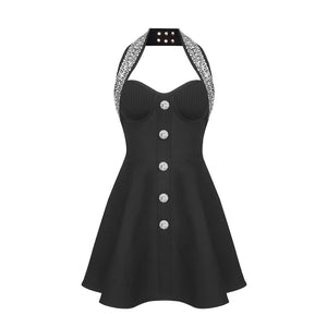 Elegant Beaded Halter Neck Sleeveless Black Mini Dress with Button Details