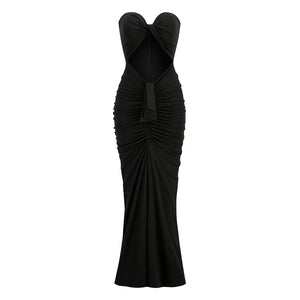 Strapless Black Fishtail Maxi Dress with Knot Detail and Irregular Hem for Evening Party