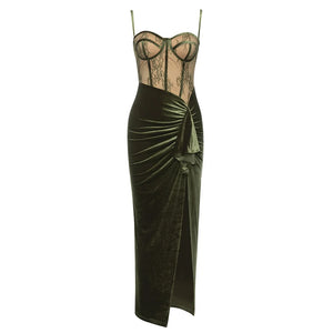 Elegant Green Velvet Dress with Lace Detail and Slim Fit