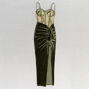 Elegant Green Velvet Dress with Lace Detail and Slim Fit