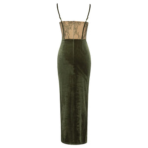 Elegant Green Velvet Dress with Lace Detail and Slim Fit