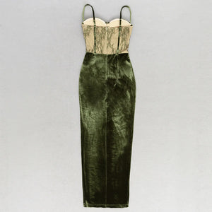 Elegant Green Velvet Dress with Lace Detail and Slim Fit