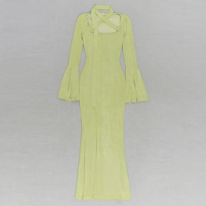 Elegant Green Ruffled Dress with Lace-Up Back and Flared Sleeves