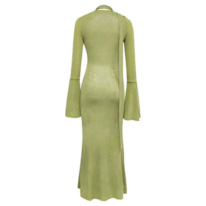 Elegant Green Ruffled Dress with Lace-Up Back and Flared Sleeves