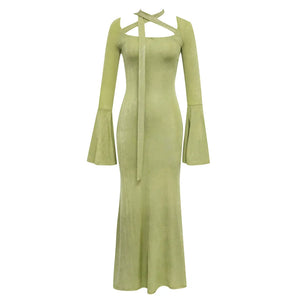 Elegant Green Ruffled Dress with Lace-Up Back and Flared Sleeves