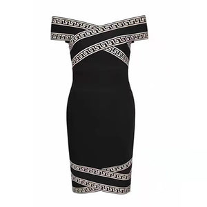 Women's Off-Shoulder V-Neck Bandage Dress with Criss Cross Logo Design in Black