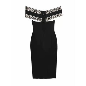 Women's Off-Shoulder V-Neck Bandage Dress with Criss Cross Logo Design in Black