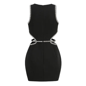 Elegant Black Backless Mini Dress with Diamond Waist and Floral Detail