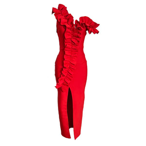 One Shoulder Red Ruffle Maxi Dress Women's Bodycon Split Evening Party Dress