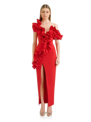 One Shoulder Red Ruffle Maxi Dress Women's Bodycon Split Evening Party Dress