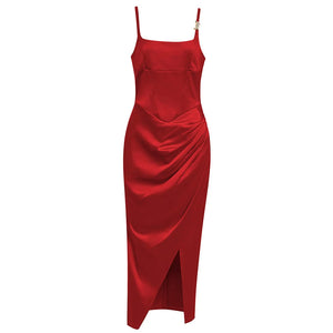 Elegant Red Sling Dress with Pleated Detail and High Split Backless Design