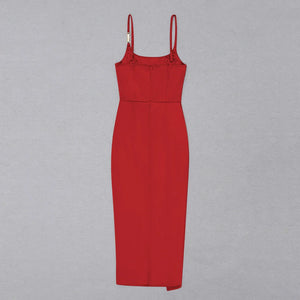 Elegant Red Sling Dress with Pleated Detail and High Split Backless Design