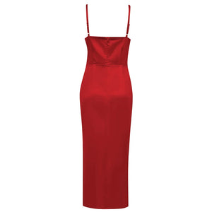 Elegant Red Sling Dress with Pleated Detail and High Split Backless Design