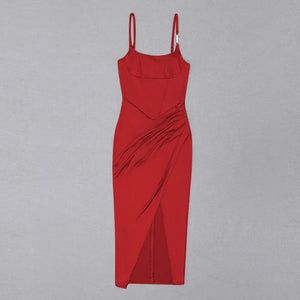 Elegant Red Sling Dress with Pleated Detail and High Split Backless Design