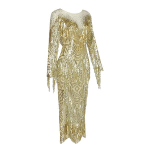 Elegant Long Sleeve Sequined Tassel Dress with Beaded Fringe Detail for Nightclub