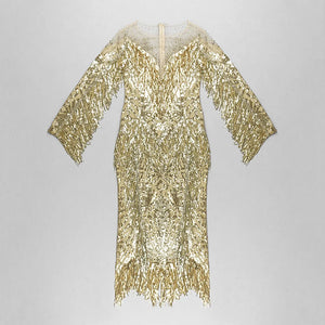 Elegant Long Sleeve Sequined Tassel Dress with Beaded Fringe Detail for Nightclub