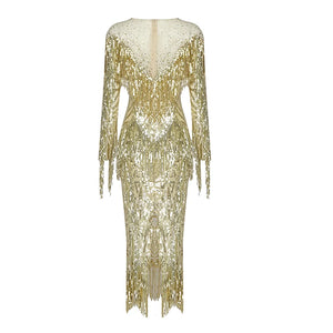 Elegant Long Sleeve Sequined Tassel Dress with Beaded Fringe Detail for Nightclub