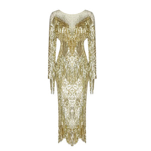 Elegant Long Sleeve Sequined Tassel Dress with Beaded Fringe Detail for Nightclub