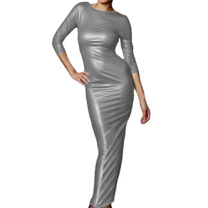 Elegant PU Leather O-Neck Long Dress for Women Bodycon Evening Party Hobble Style with Three Quarter Sleeves Available in Multiple Colors