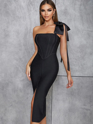 One Shoulder Bow Strap Corset Bodycon Midi Dress for Women - Sexy Summer Evening Party Dress