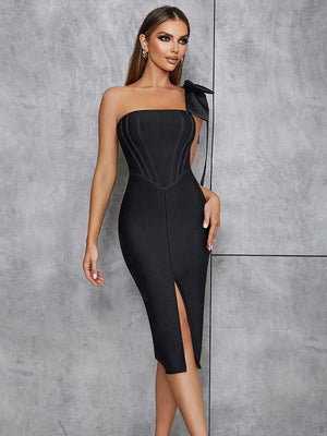 One Shoulder Bow Strap Corset Bodycon Midi Dress for Women - Sexy Summer Evening Party Dress