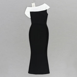 Elegant Black and White Asymmetric One-Shoulder Midi Dress