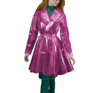 Multi-Color Clear PVC Turn-down Collar Jacket Trench with Belt See-through Long Sleeve Slim Dress Coats Club Party S-7XL