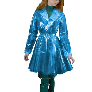 Multi-Color Clear PVC Turn-down Collar Jacket Trench with Belt See-through Long Sleeve Slim Dress Coats Club Party S-7XL