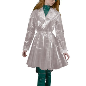 Multi-Color Clear PVC Turn-down Collar Jacket Trench with Belt See-through Long Sleeve Slim Dress Coats Club Party S-7XL