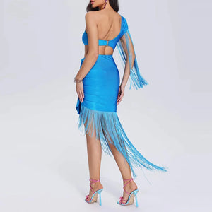 Elegant Blue One-Shoulder Bandage Dress with Pleated Tassel Fringe and Cut-Out Waist Detail