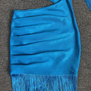 Elegant Blue One-Shoulder Bandage Dress with Pleated Tassel Fringe and Cut-Out Waist Detail