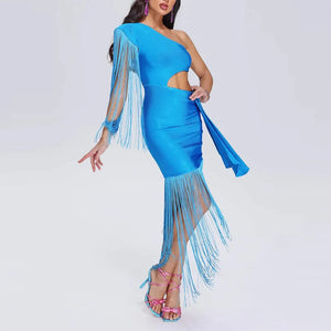 Elegant Blue One-Shoulder Bandage Dress with Pleated Tassel Fringe and Cut-Out Waist Detail