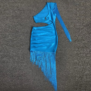 Elegant Blue One-Shoulder Bandage Dress with Pleated Tassel Fringe and Cut-Out Waist Detail