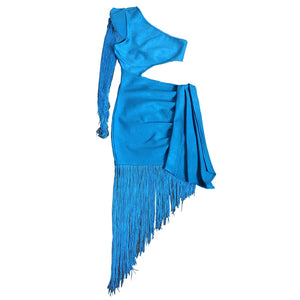 Elegant Blue One-Shoulder Bandage Dress with Pleated Tassel Fringe and Cut-Out Waist Detail