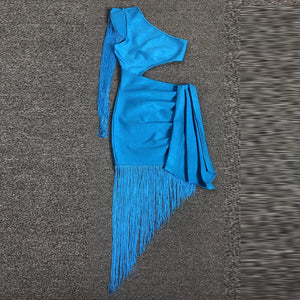 Elegant Blue One-Shoulder Bandage Dress with Pleated Tassel Fringe and Cut-Out Waist Detail