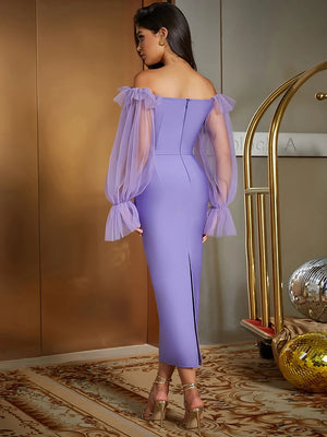 Women's Elegant Purple Bandage Dress with Puff Sleeves and Mesh Detailing for Evening Events