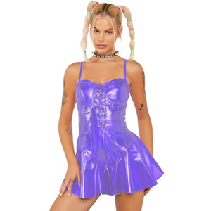 Shiny Holographic Laser Women Bustier Lace-up Camis Pleated A-line Mini Dress Party Clubwear Multi-Color S-7XL