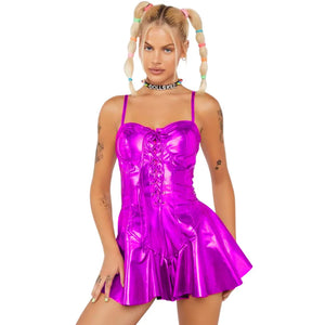 Shiny Holographic Laser Women Bustier Lace-up Camis Pleated A-line Mini Dress Party Clubwear Multi-Color S-7XL