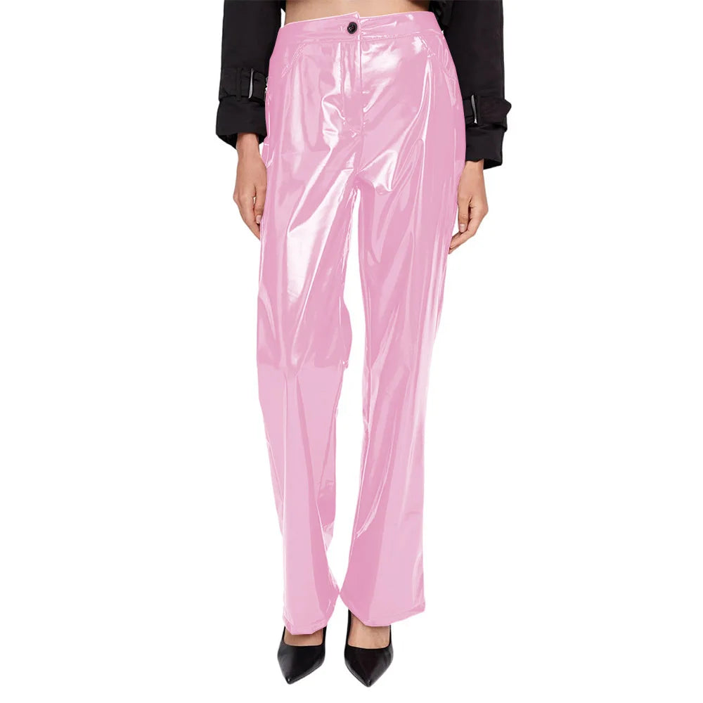 Shiny PVC Leather High Waist Women Straight Pants with Button and Zipper in Multi-Color Sizes Up to 7XL