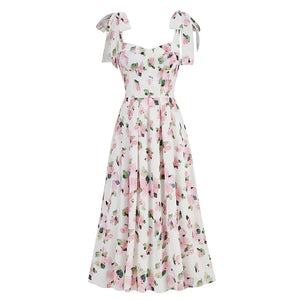 Floral Off-Shoulder Midi Dress with Shoulder Ties and Swing Skirt