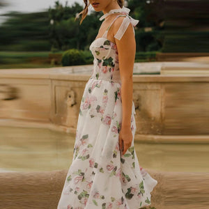 Floral Off-Shoulder Midi Dress with Shoulder Ties and Swing Skirt