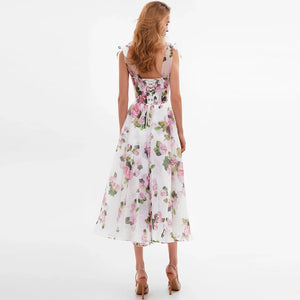 Floral Off-Shoulder Midi Dress with Shoulder Ties and Swing Skirt