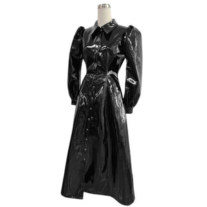 A-line Long Sleeve Button-Up Faux Leather Wet Look PVC Dress Turn-Down Collar Puff Sleeve Office Street Dress Multi-Color