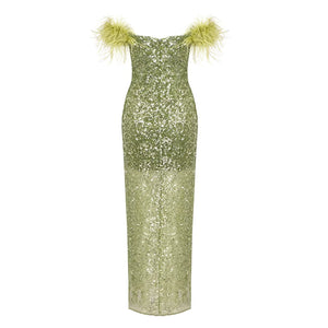 Feather-Trimmed Sequin Tube Top Dress with High Side Slit