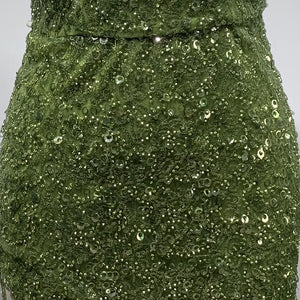 Feather-Trimmed Sequin Tube Top Dress with High Side Slit