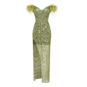 Feather-Trimmed Sequin Tube Top Dress with High Side Slit